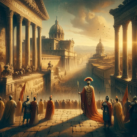 Augustus stands dominantly amid ancient Rome's architectural grandeur, surrounded by soldiers and citizens, in a style inspired by classic 1960s epic films.