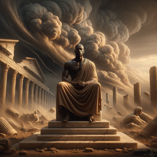 A philosopher in ancient Rome sitting calmly on a marble podium in the eye of a storm, representing inner peace amidst chaos, inspired by 1960s historical epic films.