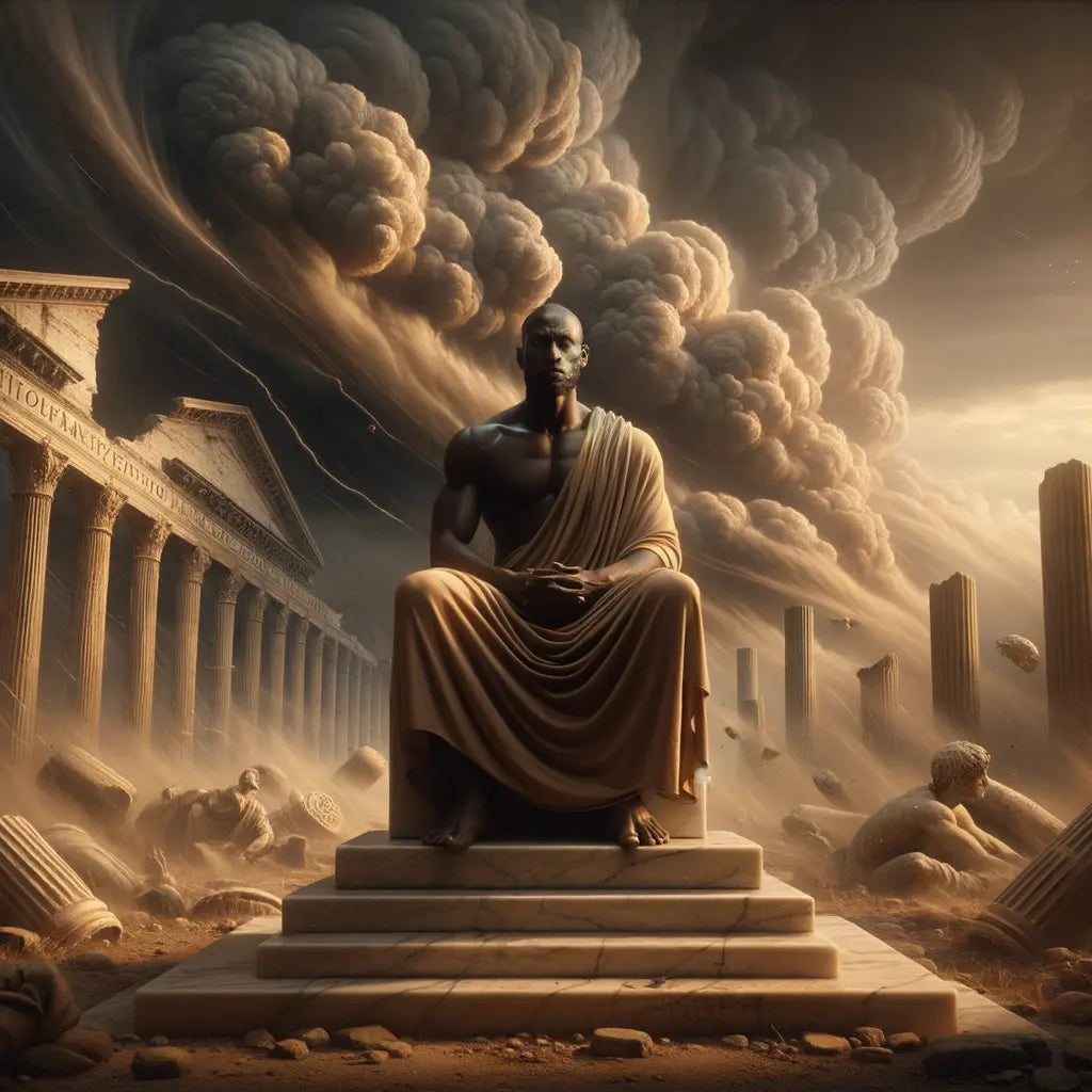 A philosopher in ancient Rome sitting calmly on a marble podium in the eye of a storm, representing inner peace amidst chaos, inspired by 1960s historical epic films.