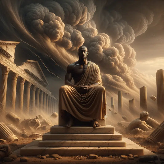 A philosopher in ancient Rome sitting calmly on a marble podium in the eye of a storm, representing inner peace amidst chaos, inspired by 1960s historical epic films.