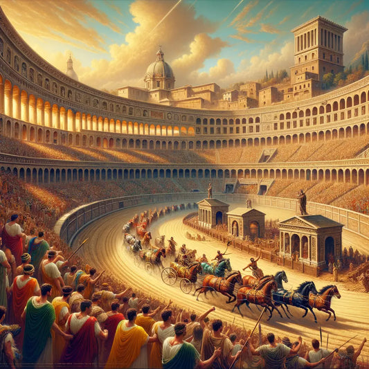 Ancient Roman Circus Maximus with chariots racing, vibrant crowds, and grand architecture, inspired by 1960s historical films.