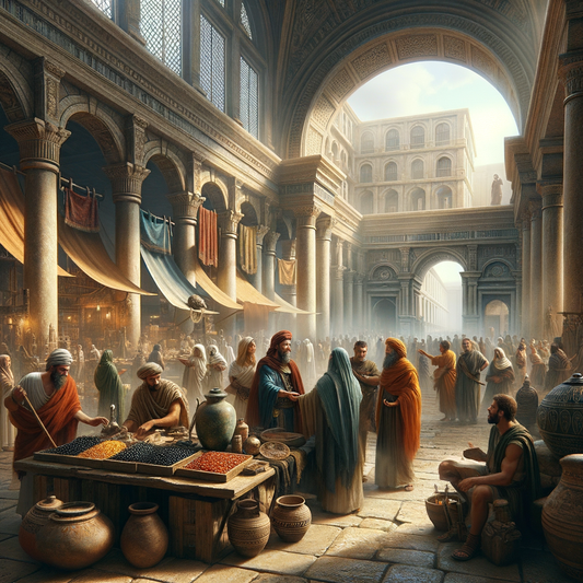 Bustling Roman marketplace with traders exchanging goods, defined by historical architecture, inspired by 1960s epic films.