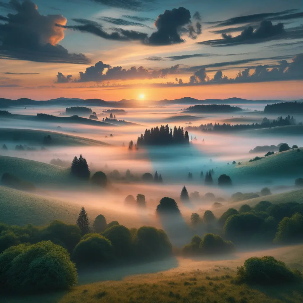 A tranquil morning landscape with hills and a misty forest, showcasing beautiful dawn colors.