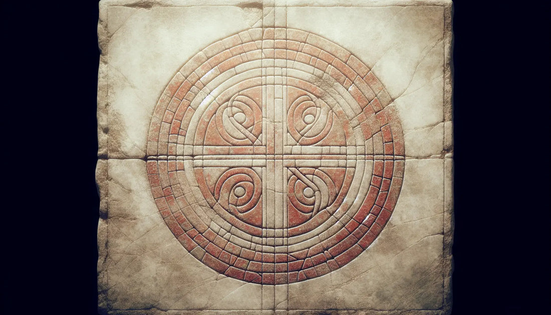 Wikinger-Symbol als steinernes Relief mit Ziegelrot auf hellem naturweißem Hintergund