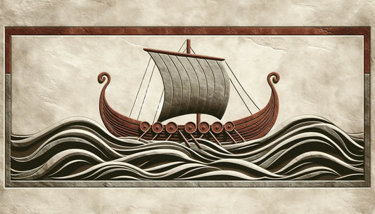 Fragment eines steinernen Wikingerlangschiffs mit roten Linien auf hellem steinartigem Hintergrund