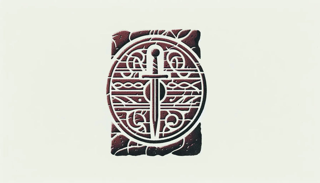Wikinger schild und schwert als steinernes relief in rotem und grauem farbton auf hellem hintergrund