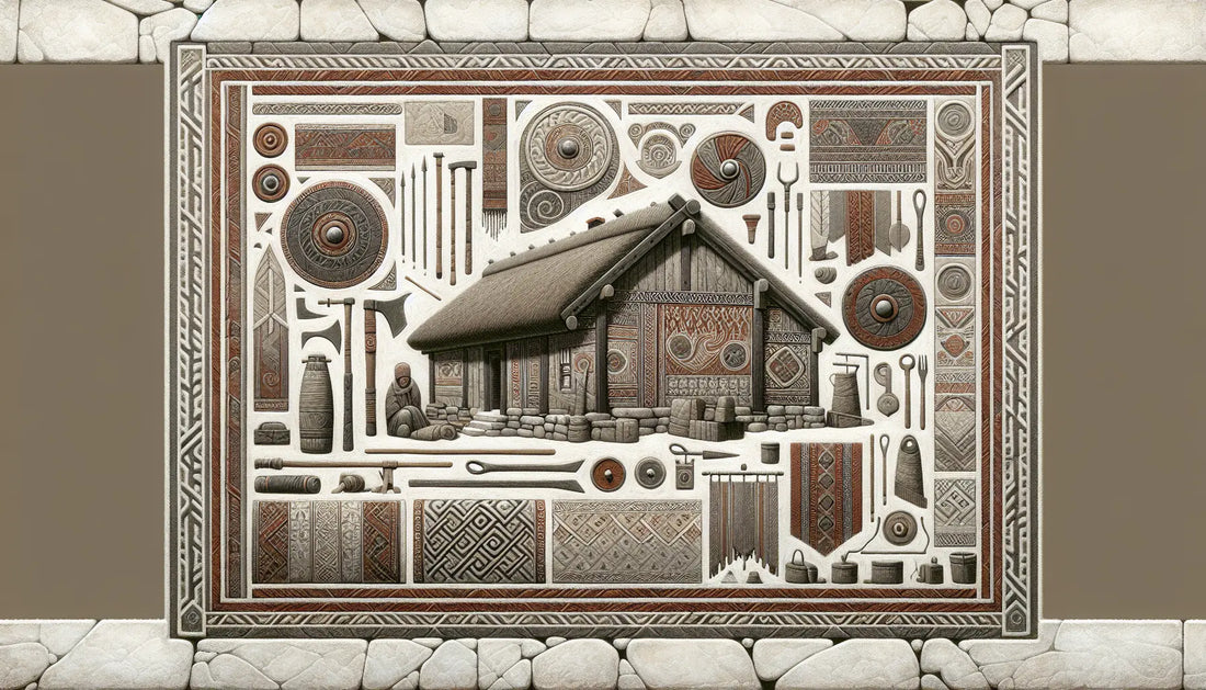 Fragment eines wikingerhauses mit textilien und werkzeugen in roemisch inspirierten erdtoenen