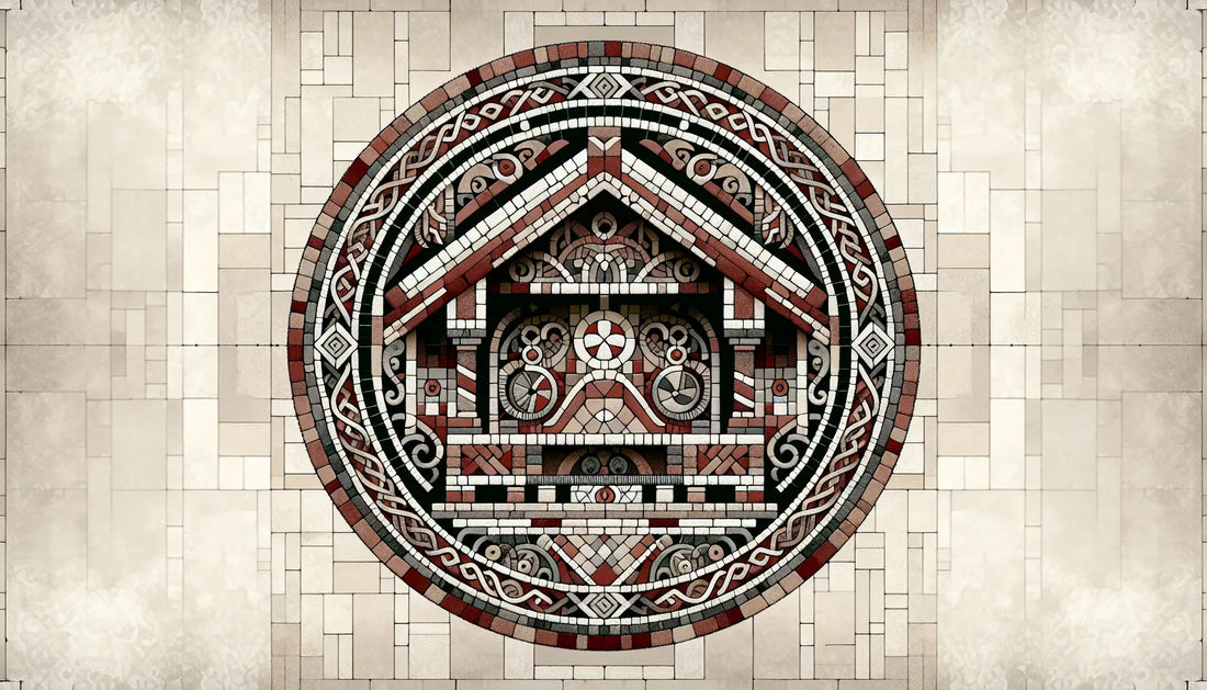 Fragment eines roemisch inspirierten steinernen Ornaments mit nordischen Motiven in Ziegelrot auf hellem Naturstein