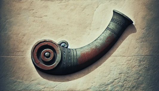 Fragment eines steinernen Wikingerhorns als Relief mit rostigen Akzenten auf hellem Hintergrund