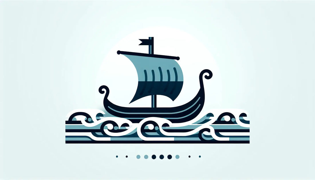 stilisiertes wikingerlangschiff mit stilisierten wellen als vektorgrafik auf hellem hintergrund mit text zu seefahrt in rauer see