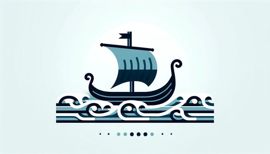 stilisiertes wikingerlangschiff mit stilisierten wellen als vektorgrafik auf hellem hintergrund mit text zu seefahrt in rauer see