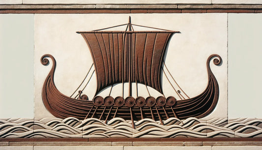 wikingerlangschiff als steinrelief mit ziegelroter farbe auf hellem stein im antiken stil