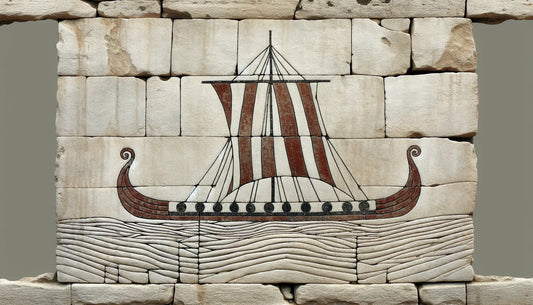 Fragment eines wikingerzeitlichen langschiffs aus rotem relief auf hellem stein mit fjordlandschaft