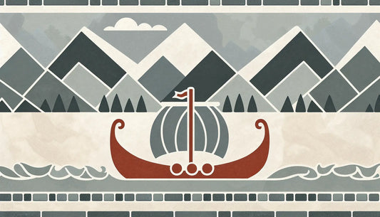 Wikingerlangschiff als steinernes Relief mit dichten Waeldern und Bergen im Hintergrund in erdigen Farbtönen