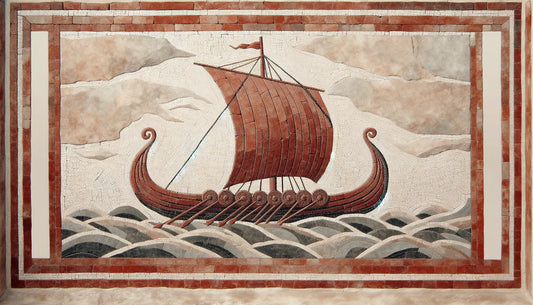 Fragment eines wikingerlangschiffs in relief auf hellem stein mit ziegelroten linien