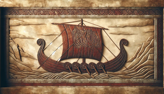 Steinrelief eines Wikingerschiffs mit drachenförmigem bug in rotem ziegelrot auf hellem steinhintergrund mit nordischer symbolik und natürlicher landschaft