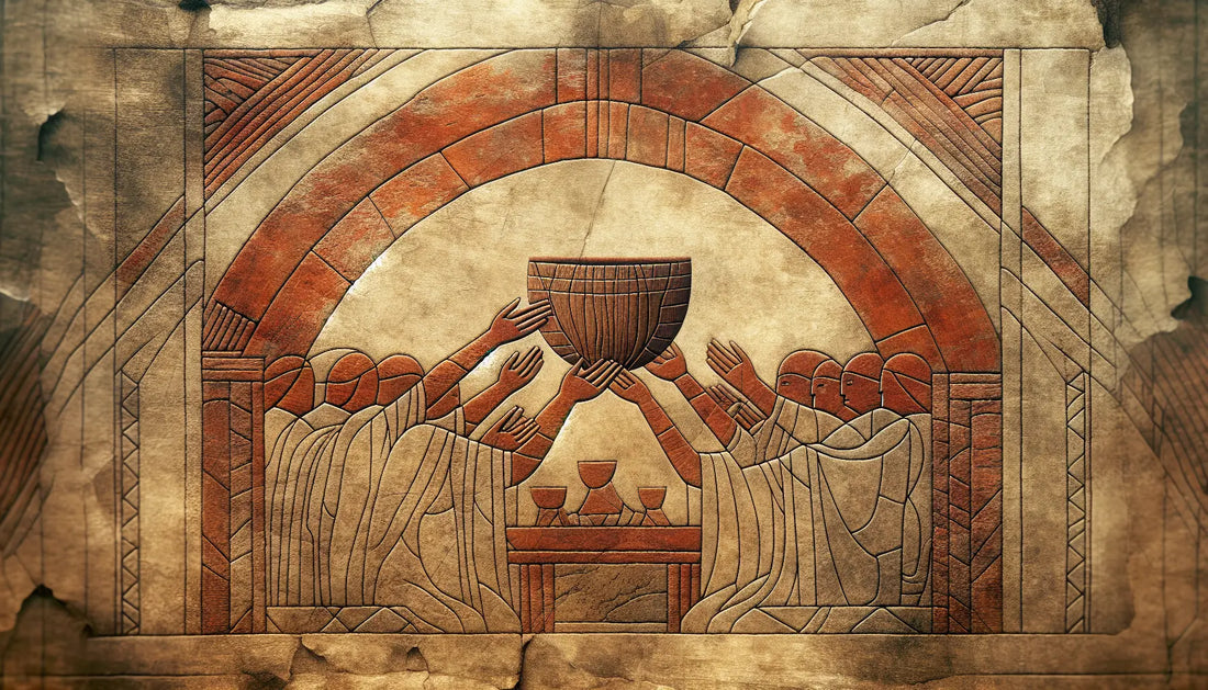 Fragment eines steinernen Reliefs eines wikingertrinkgefäßes in rotem Ziegelton auf hellem steinernen Hintergrund