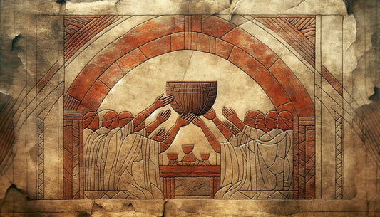Fragment eines steinernen Reliefs eines wikingertrinkgefäßes in rotem Ziegelton auf hellem steinernen Hintergrund