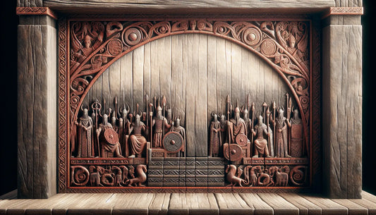 Holzrelief eines wikingischen Thronsaals mit geschnitzten nordischen mythologischen Szenen in erdigen Farben ohne Personen