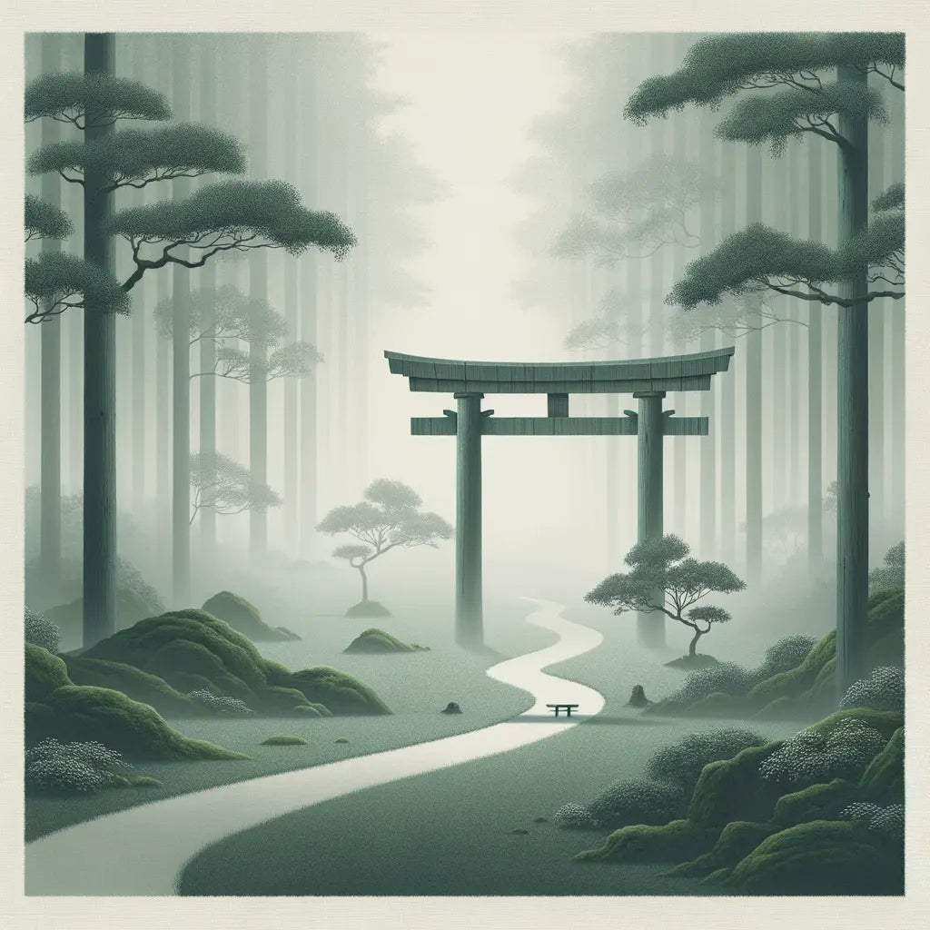 Ein traditionelles japanisches Torii-Tor inmitten von sanftem Morgennebel, umgeben von einem üppigen Wald — minimalistisch, ruhig und kulturell inspiriert.