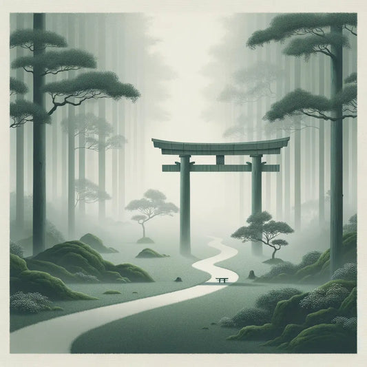 Ein traditionelles japanisches Torii-Tor inmitten von sanftem Morgennebel, umgeben von einem üppigen Wald — minimalistisch, ruhig und kulturell inspiriert.