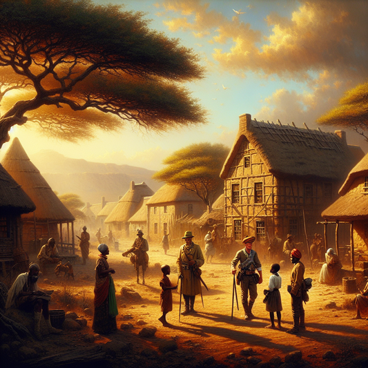 Panoramic view of Windhoek city showcasing traditional African and German colonial architecture under a clear blue sky, styled as a 1960s historical epic painting.