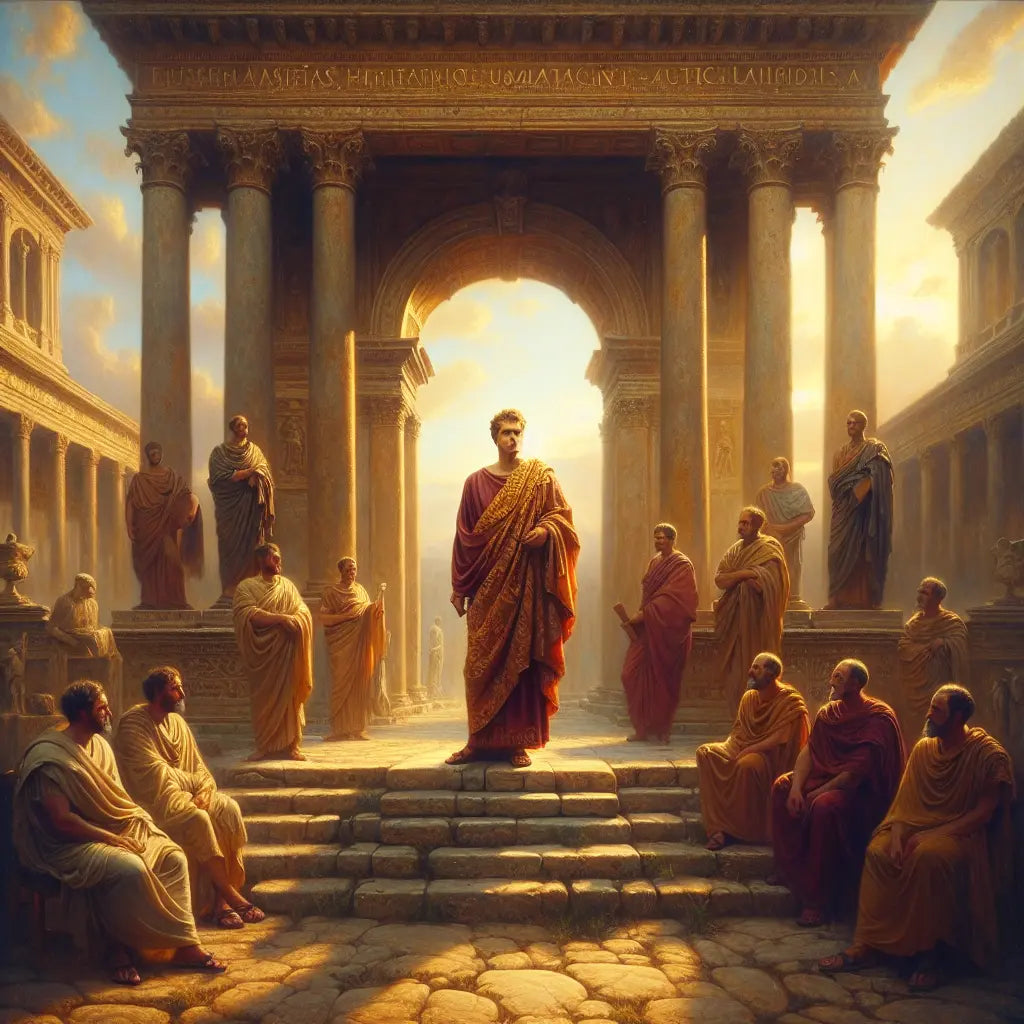 A wise Roman emperor stands calmly in an ancient courtyard surrounded by senators and philosophers, with classic Roman architecture in soft daylight, inspired by 1960s historical epic films.