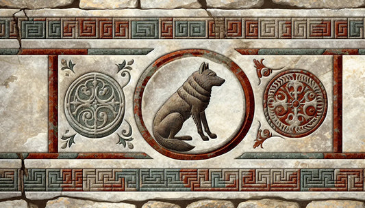 Wolfsrelief mit norwegischer Ornamentik auf hell steinigem Hintergrund im Stil roemischer Steinfragmente