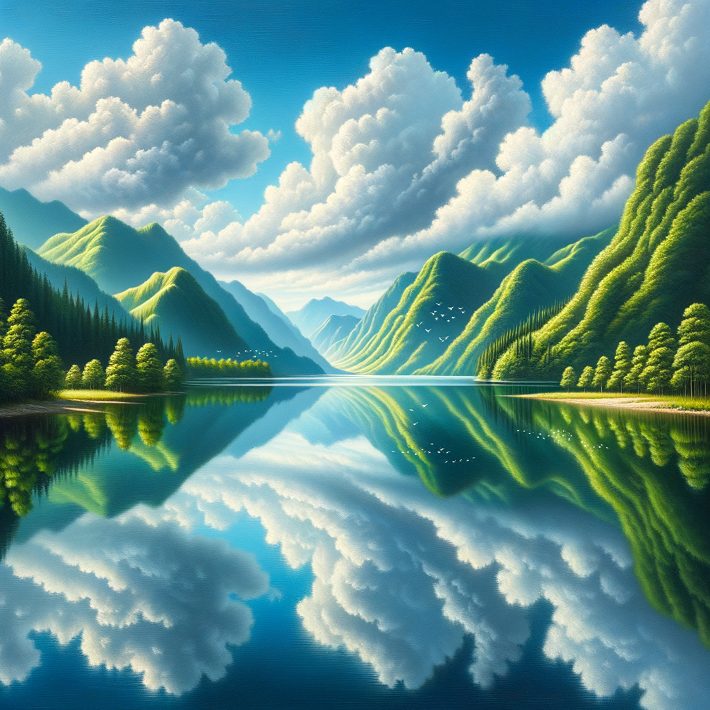 A peaceful lake reflecting mountains and a clear sky, representing tranquility and natural beauty.