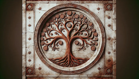 Weltenbaum Yggdrasil in antiker Steinreliefdarstellung mit ruhigen Linien Ziegelrot auf hellem steinfarbenem Hintergrund