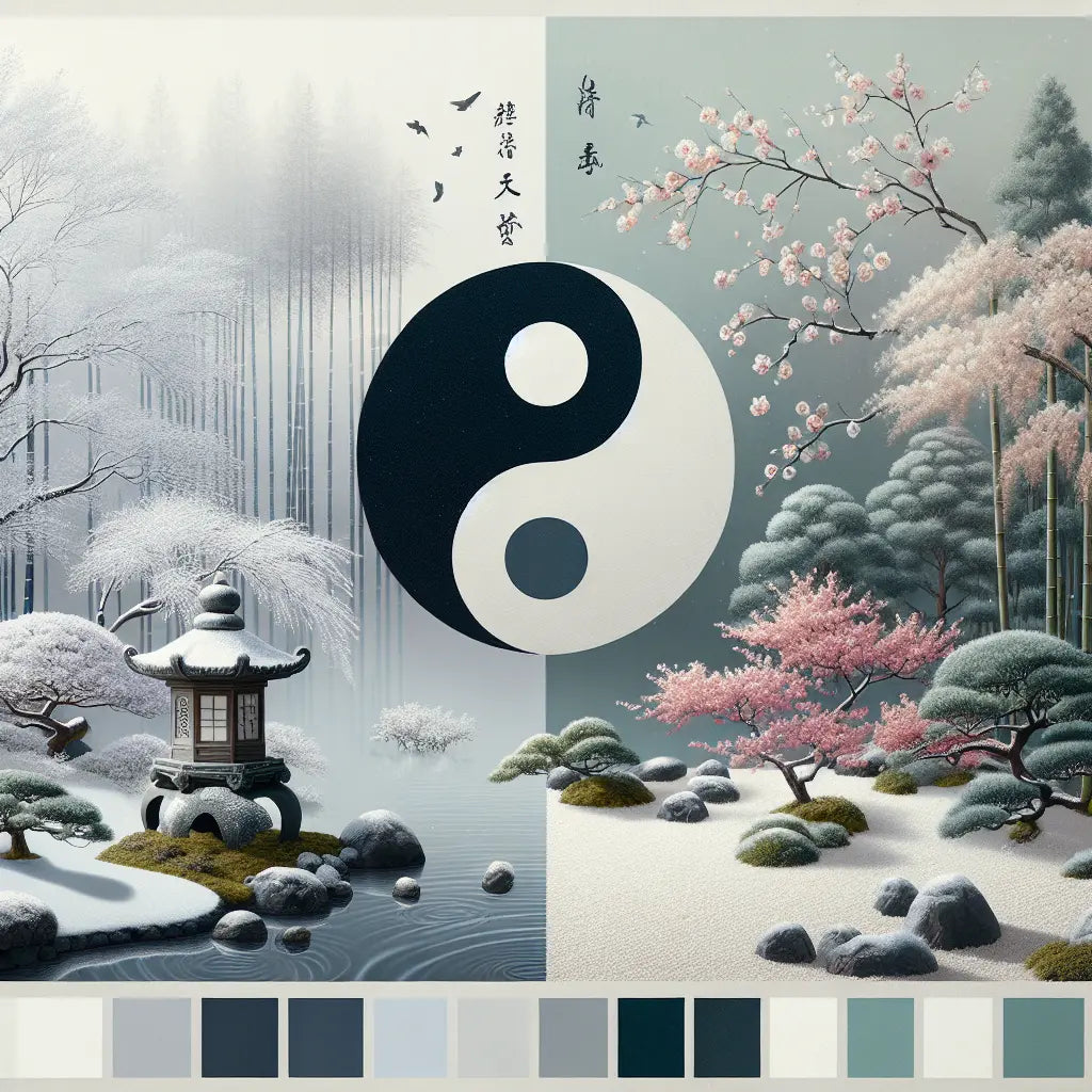 Minimalist Japanese scene blending Yin and Yang symbols with winter snow and calmness on one side and lively spring and summer flowers with sunlight on the other, evoking serene seasonal balance.