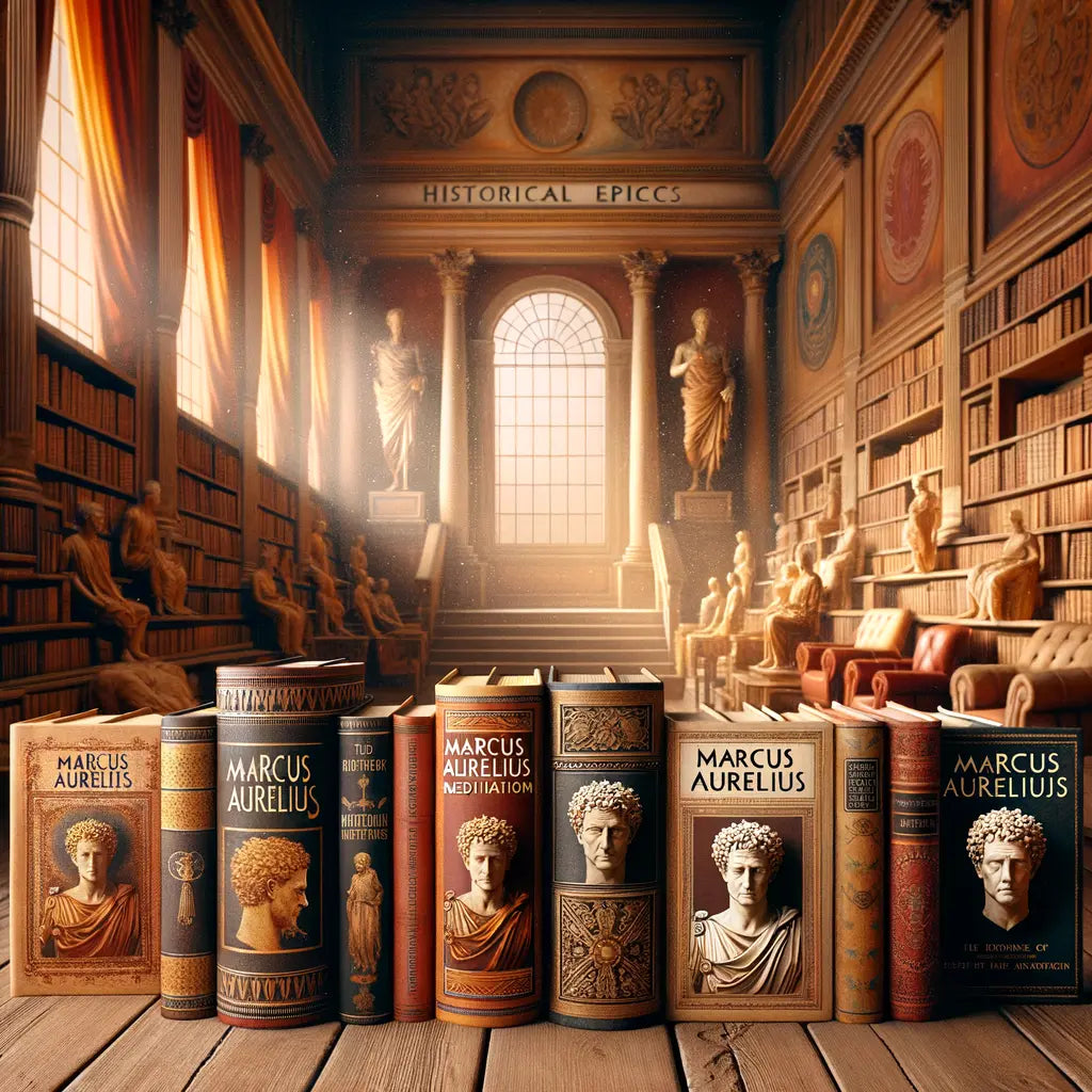 A stack of Marcus Aurelius's Meditations with diverse covers in a warm bookstore setting.