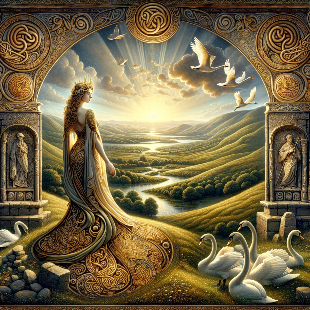 A youthful radiant Celtic god in glowing robes stands in lush Irish countryside with swans flying overhead, surrounded by symbols of love and poetry, in a majestic, cinematic style.