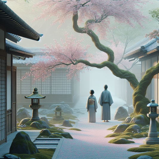 Two serene figures under a minimalist cherry blossom tree in a quiet Japanese garden, bathed in gentle pastel light symbolizing blossoming love and healing.