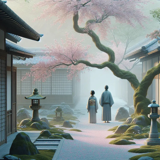 Two serene figures under a minimalist cherry blossom tree in a quiet Japanese garden, bathed in gentle pastel light symbolizing blossoming love and healing.