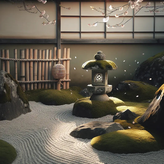 A tranquil Zen rock garden with a moss-covered stone lantern and drifting cherry blossom petals, evoking minimalist traditional Japanese art and calmness.