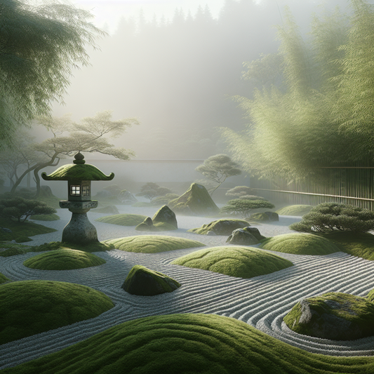 A serene Japanese Zen garden at dawn with soft mist, a stone lantern, and delicate green foliage, conveying calm and open beginner's mind in a minimalist style.