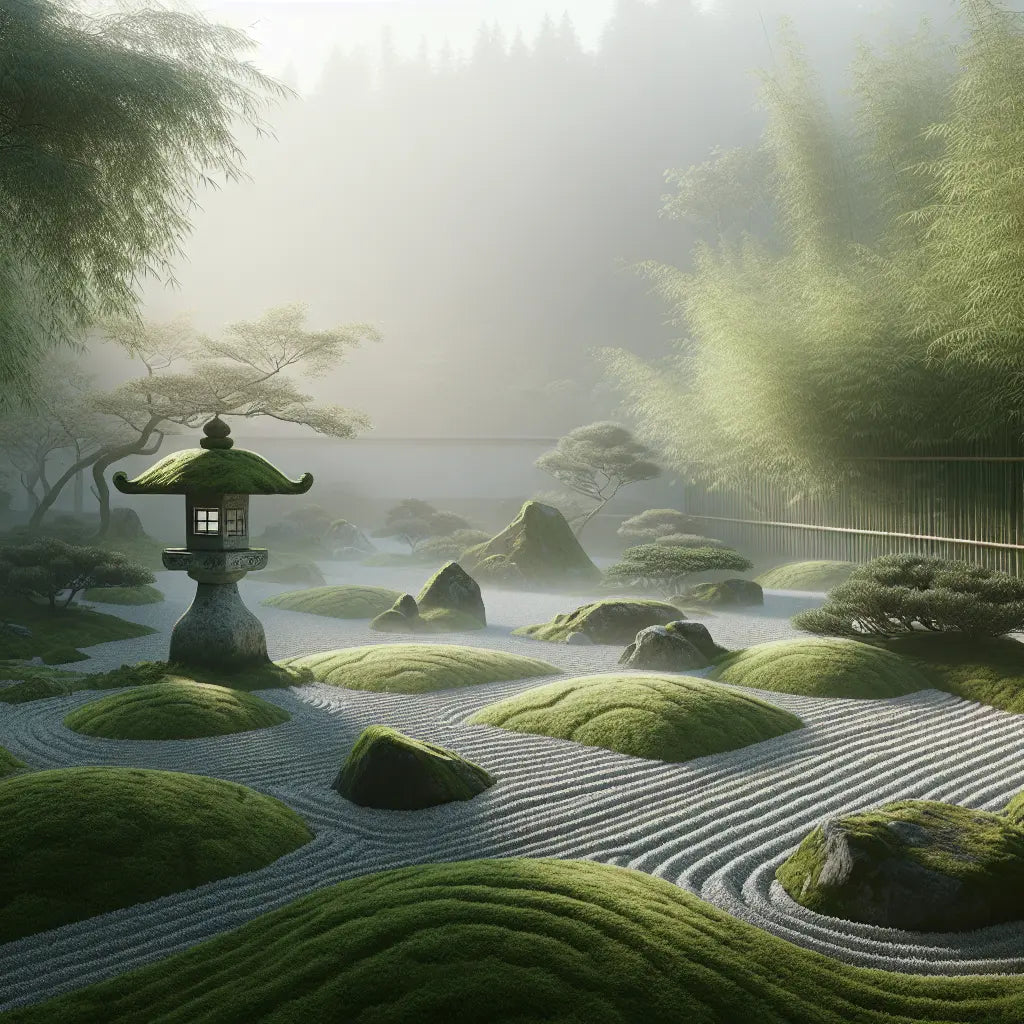A serene Japanese Zen garden at dawn with soft mist, a stone lantern, and delicate green foliage, conveying calm and open beginner's mind in a minimalist style.