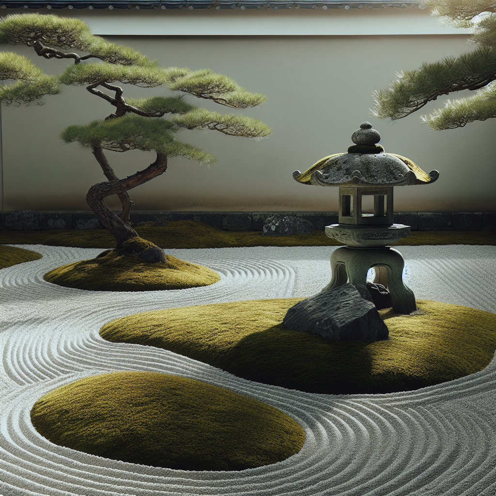 Minimalist Japanese Zen garden with raked gravel and a moss-covered stone lantern under soft filtered sunlight, embodying calmness and beginner's mind.