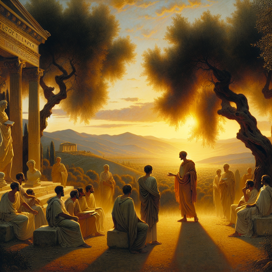 Zeno of Citium teaching his students under ancient olive trees at sunset in a serene, realistic 1960s cinematic painting style evoking classical Greek philosophy.