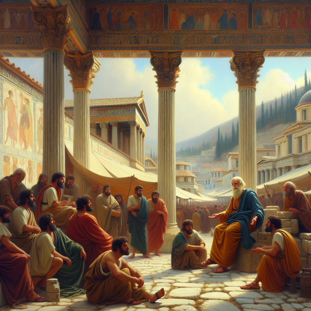 Zeno of Citium teaching philosophy to pupils under the Painted Porch in an ancient Greek marketplace, painted in the style of 1960s historical epic films.
