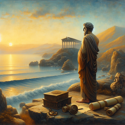 Zeno of Citium, an ancient Greek philosopher, stands calmly on a rocky coast at dawn overlooking a serene sea, wearing traditional Greek clothing with subtle modern bronze jewelry, captured in a cinematic 1960s historical epic painting style.