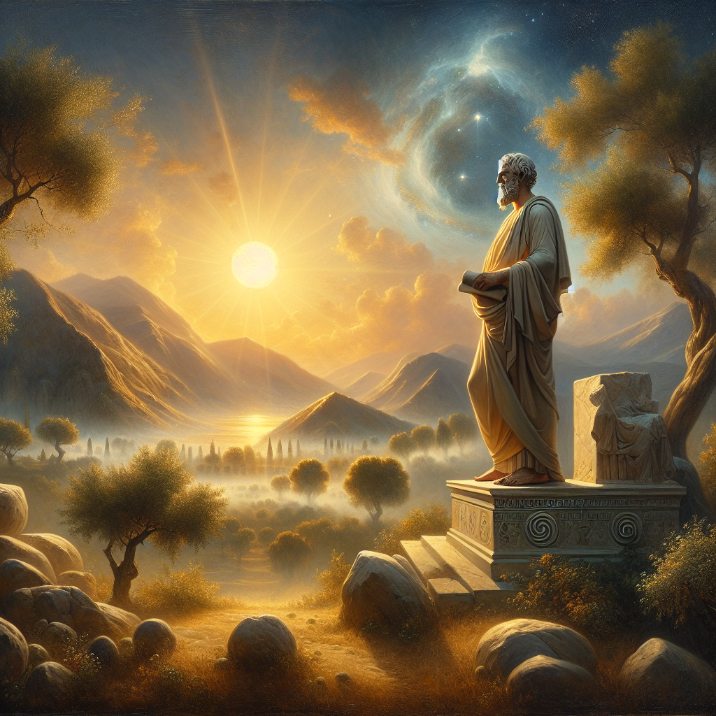 Statue of Zeno of Citium standing thoughtfully with a scroll, surrounded by symbolic natural elements of cosmos and harmony under a clear dawn sky, depicted in a classical cinematic painting style.