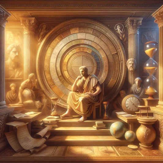 Zeno of Citium in deep contemplation, surrounded by Stoic symbols, in a scene inspired by 1960s historical epics.