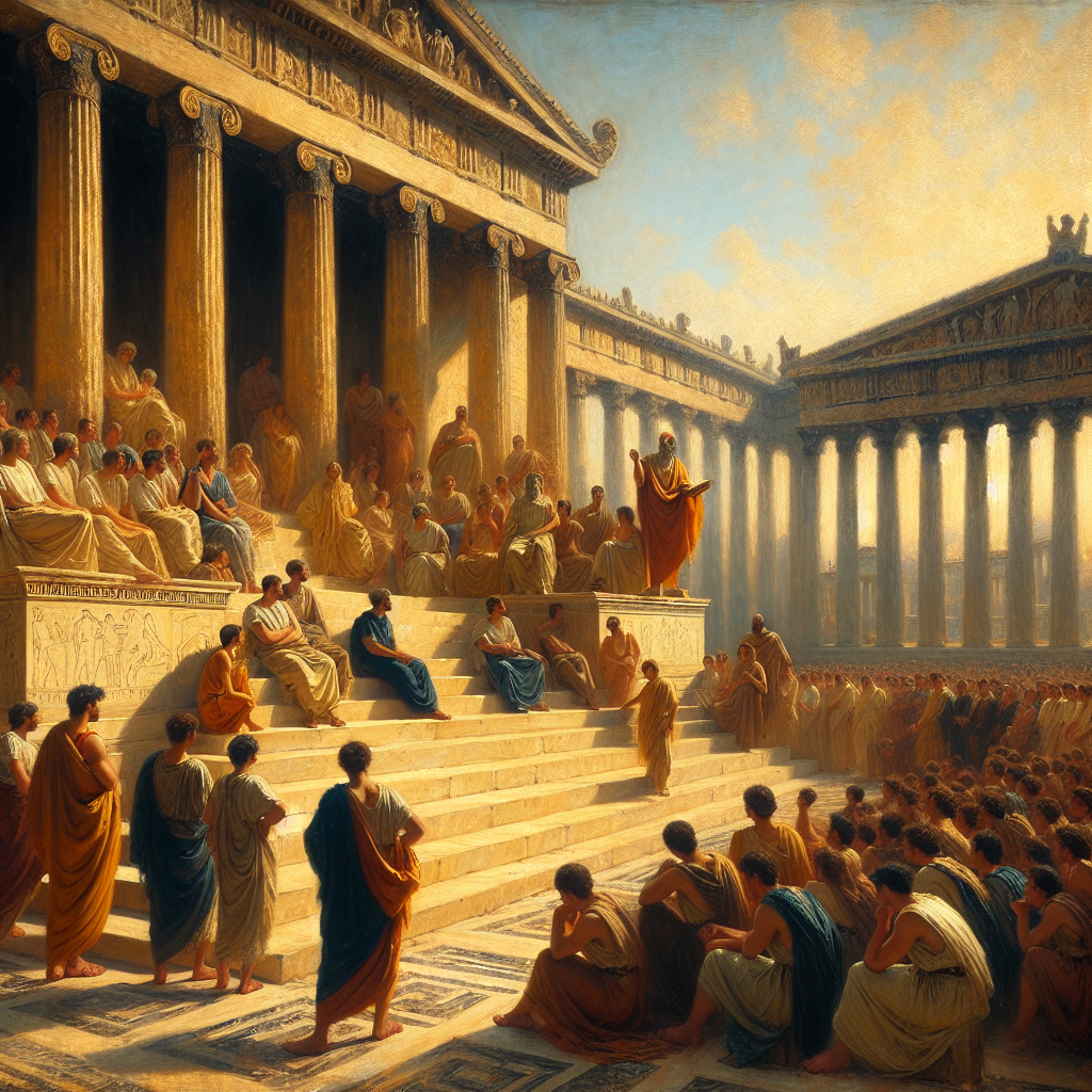 Ancient Greek philosopher Zeno of Citium teaching Stoicism in the marble-columned agora of Athens, surrounded by students under warm daylight in a classical setting reminiscent of 1960s historical epics.