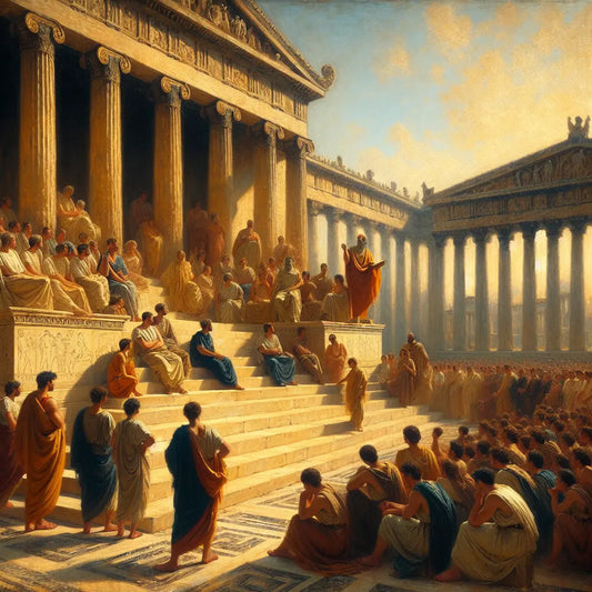 Ancient Greek philosopher Zeno of Citium teaching Stoicism in the marble-columned agora of Athens, surrounded by students under warm daylight in a classical setting reminiscent of 1960s historical epics.