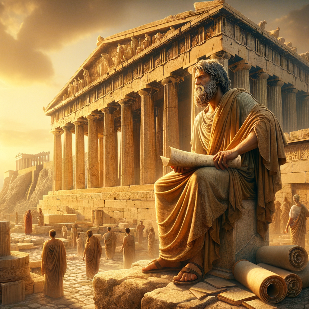 Ancient Greek philosopher contemplating with the Acropolis in the background, inspired by 1960s historical epic style.