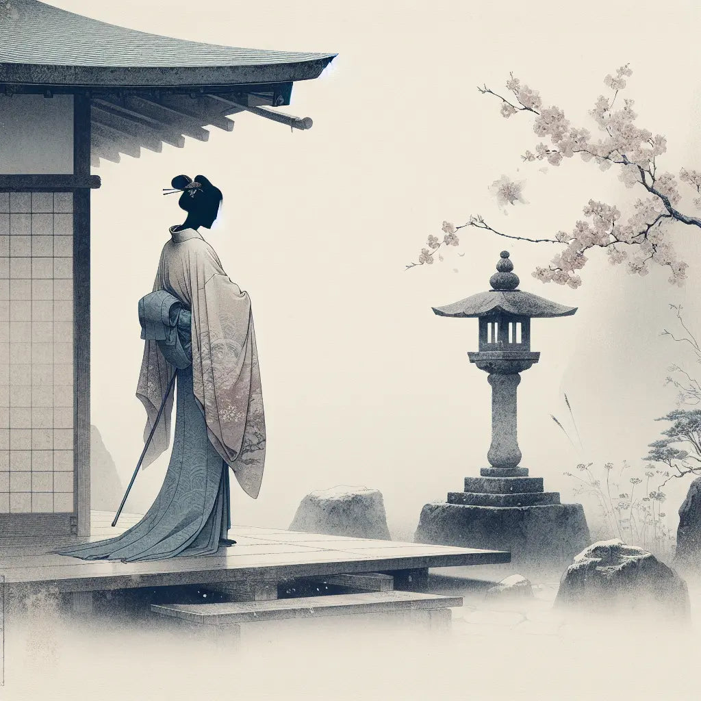 A serene figure in flowing traditional robes with a pastel palette in a quiet Kyoto garden with sakura petals and stone lantern, evoking calm mystery and balanced masculine and feminine traits.