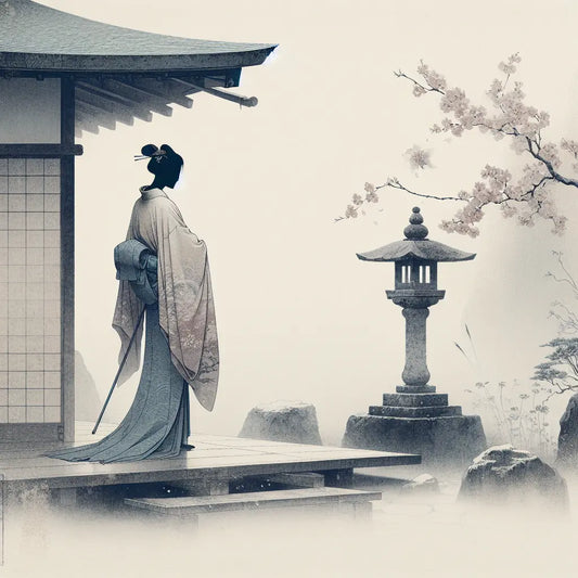 A serene figure in flowing traditional robes with a pastel palette in a quiet Kyoto garden with sakura petals and stone lantern, evoking calm mystery and balanced masculine and feminine traits.
