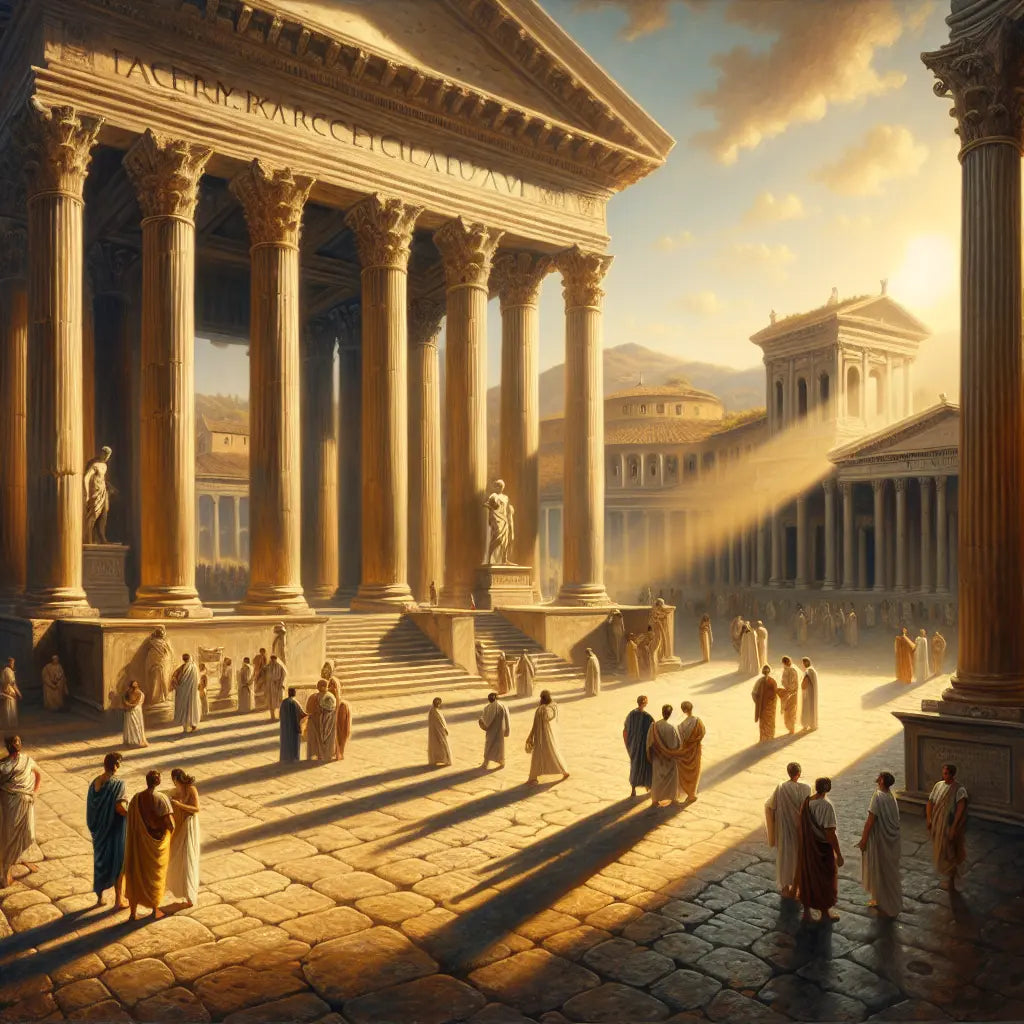 Ancient Roman piazza with Doric, Ionic, and Corinthian columns bathed in dramatic warm sunlight casting intricate shadows, in the style of 1960s Roman historical epics.
